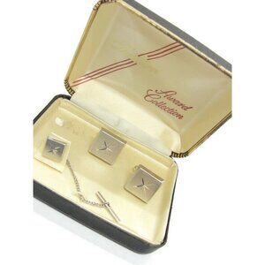 Tradition Silver Tone Cufflink Matching Tie Set Formal Wedding Tux Vintage IOB